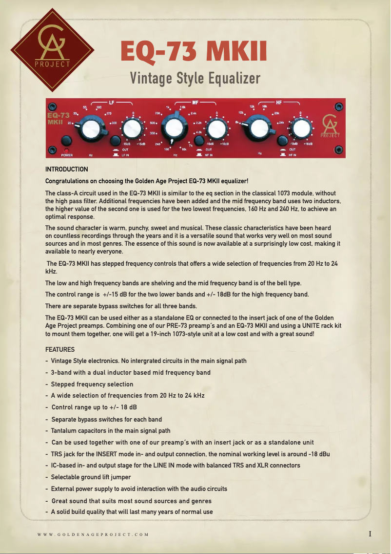 Page n°1 - Manuel utilisateur Golden Age Project EQ-73 MKII