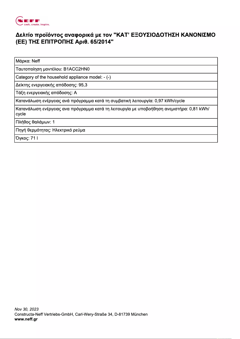 Page n°1 - Fiche technique Neff B1ACC2HN0