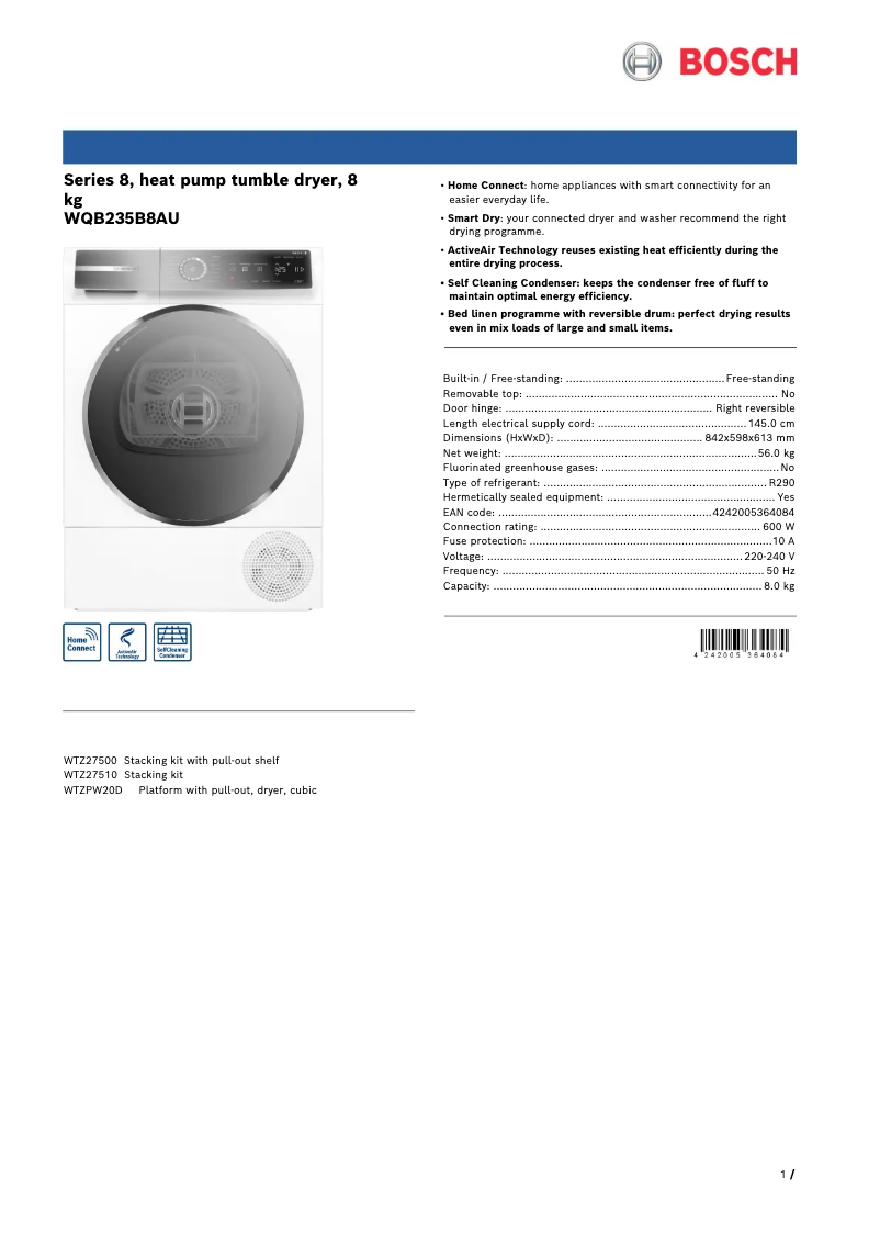 Page n°1 - Fiche technique Bosch WQB235B8AU