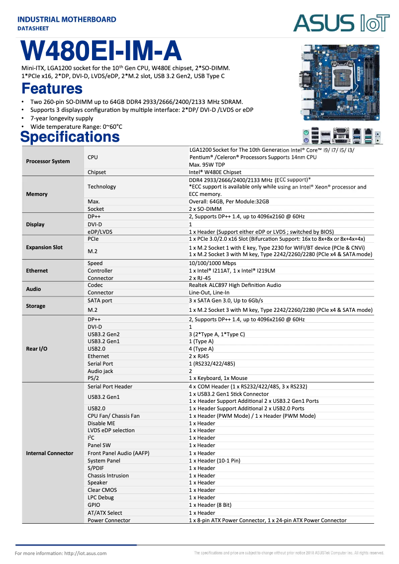 Page 1 de la notice Fiche technique Asus W480EI-IM-A R2.0