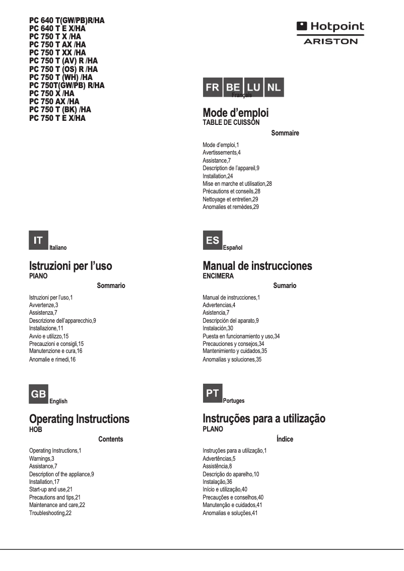 Page n°1 - Manuel utilisateur Hotpoint PC 640 T E X/HA