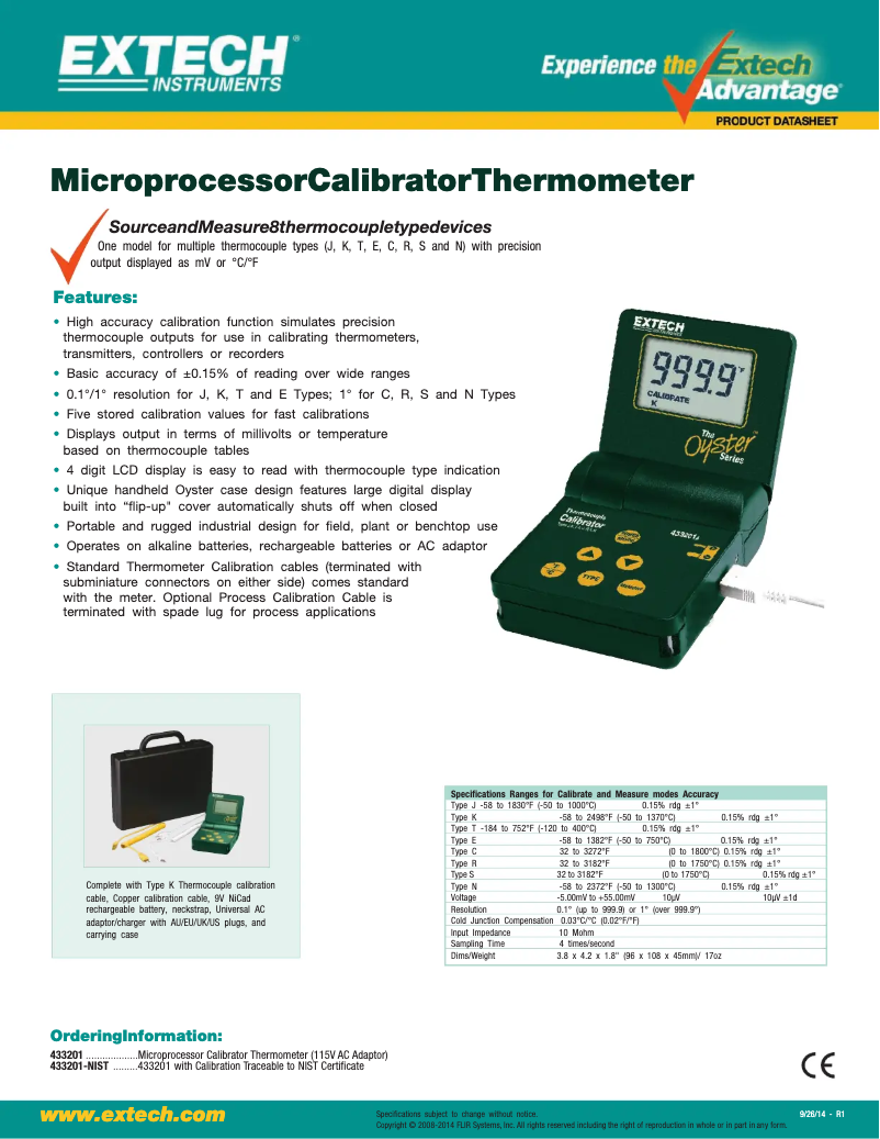 Page 1 de la notice Fiche technique Extech 433201A