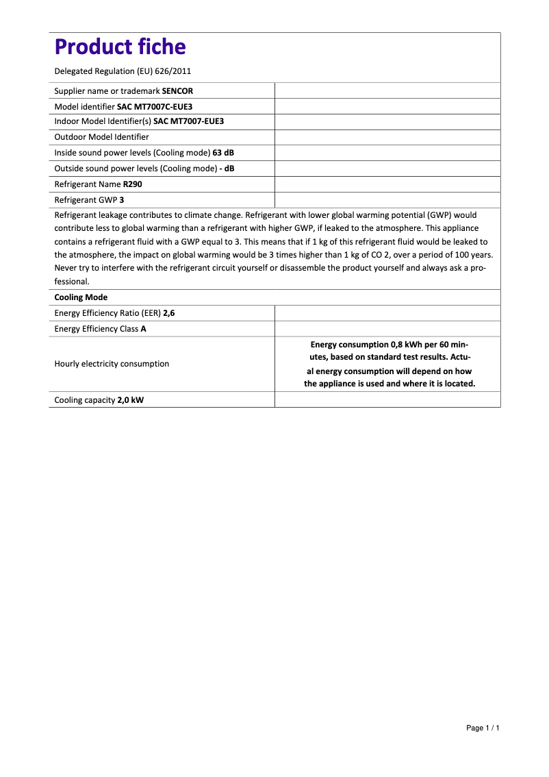 Page 1 de la notice Fiche technique Sencor SAC MT7007C