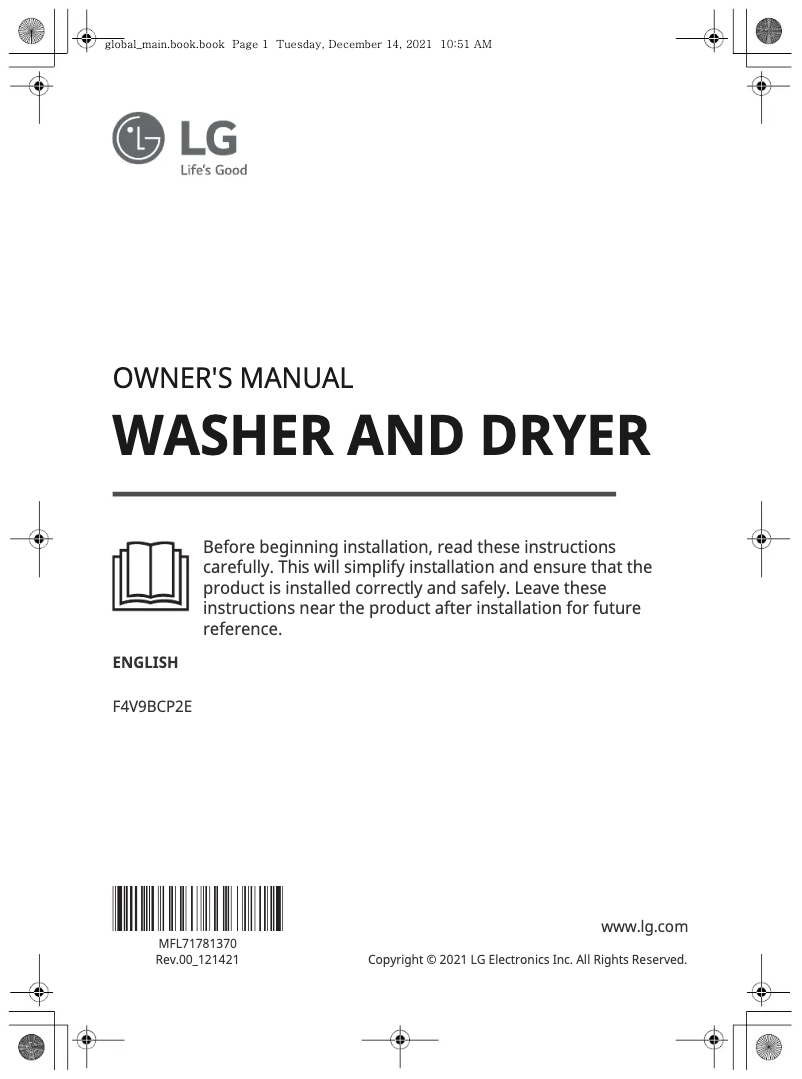 Page 1 de la notice Manuel utilisateur LG F4V9BCP2E