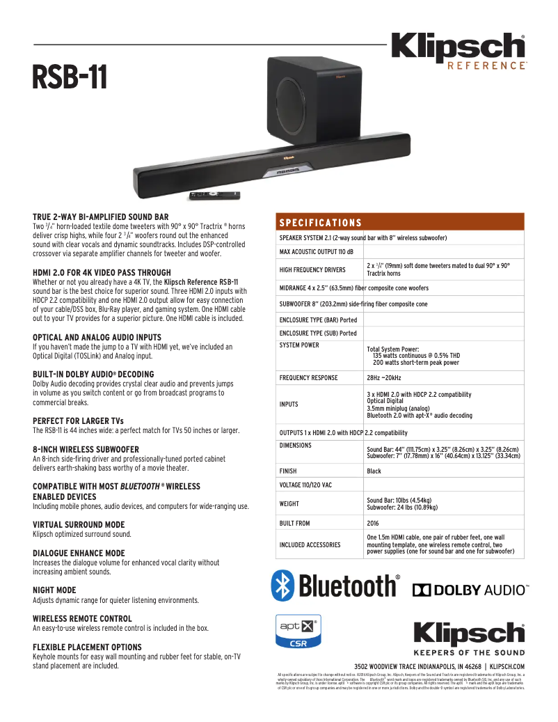 Page 1 de la notice Fiche technique Klipsch RSB-11