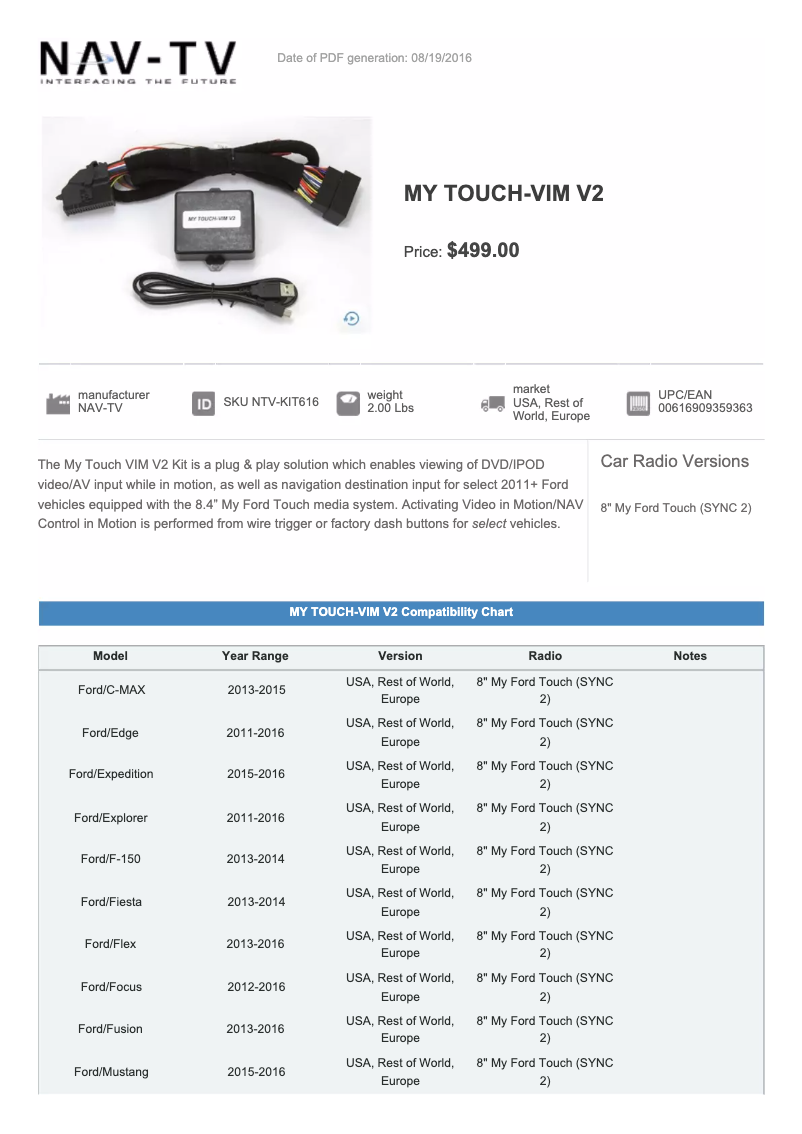 Page n°1 - Fiche technique NAV-TV My Touch NTV-KIT616