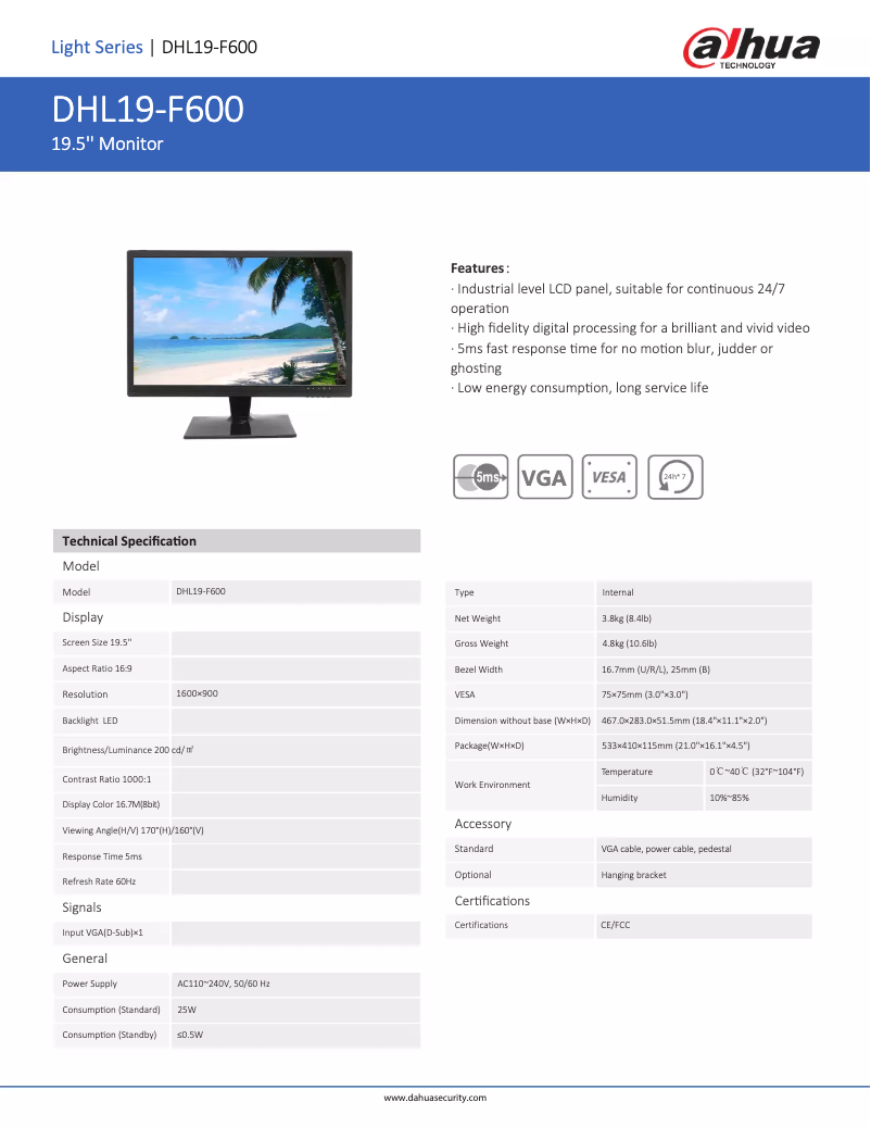 Page n°1 - Fiche technique Dahua Technology DHL19-F600