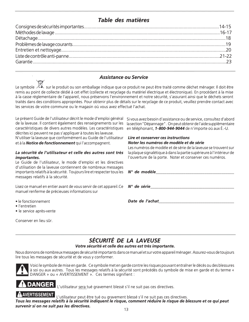 Image de la première page du manuel de l'appareil FWS933FS