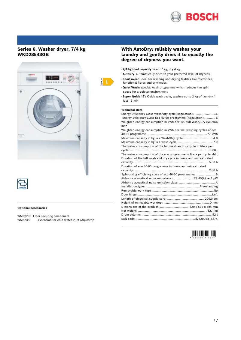 Page n°1 - Fiche technique Bosch WKD28543GB