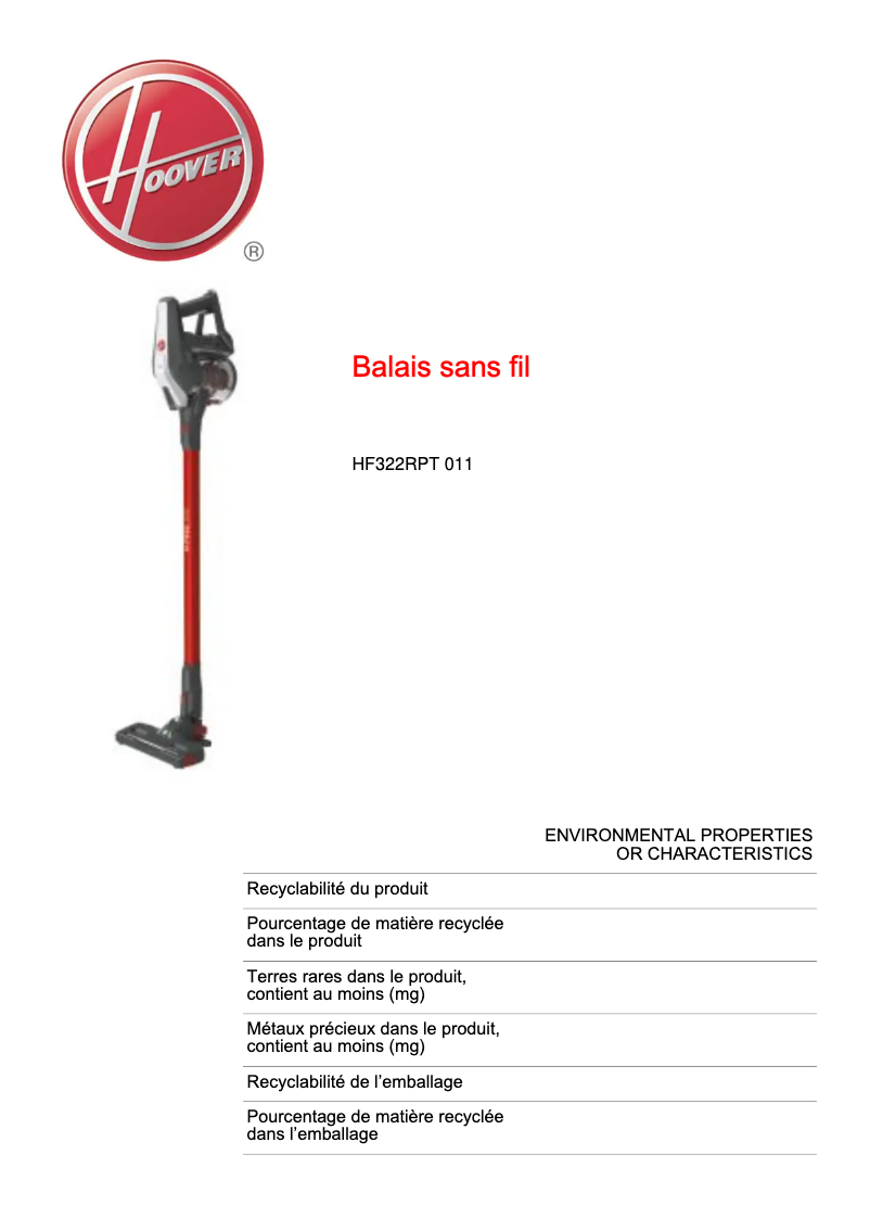 Page 1 de la notice Fiche technique Hoover HF322RPT 011