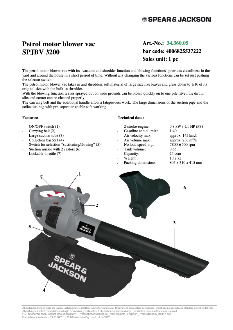 Page 1 de la notice Fiche technique Spear & Jackson SPJBV 3200
