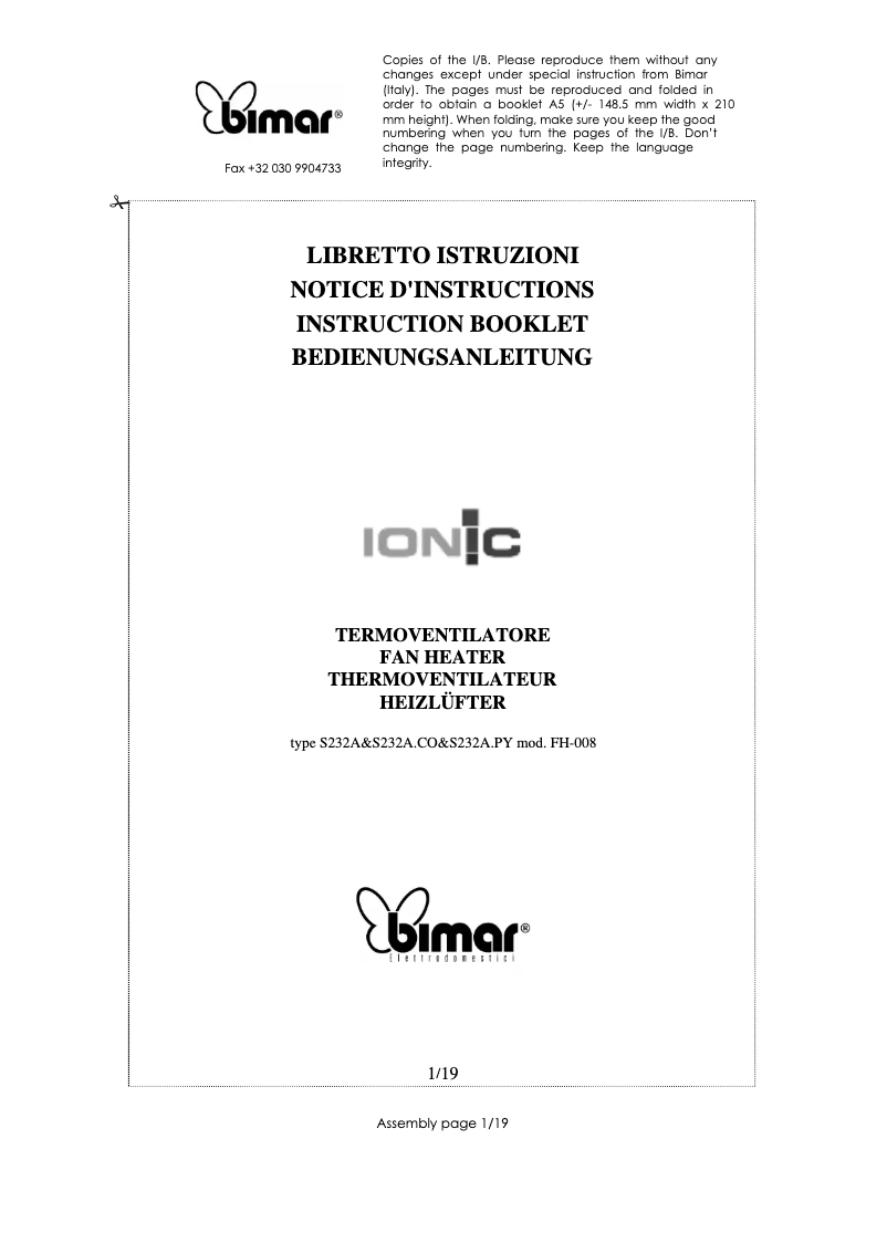 Page 1 de la notice Manuel utilisateur Bimar S232A.CO.EU