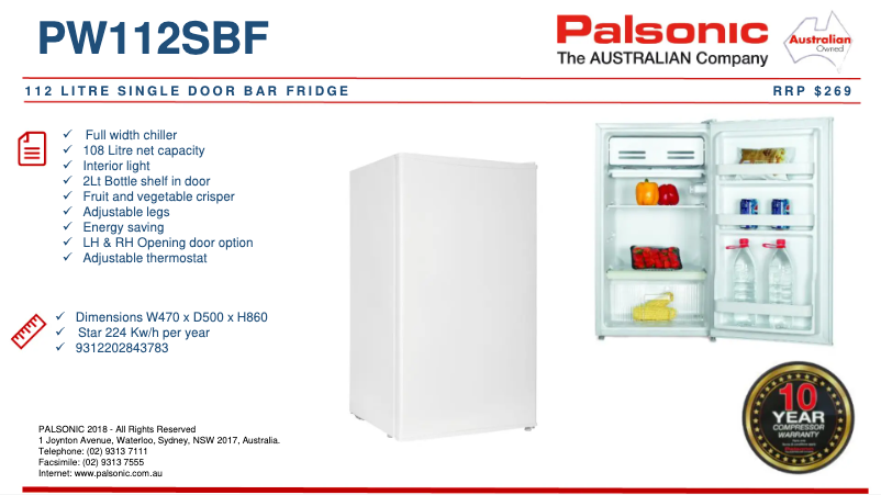 Page 1 de la notice Fiche technique Palsonic PW112SBF