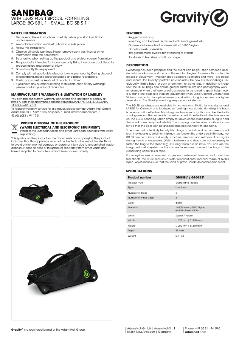 Page 1 de la notice Manuel utilisateur Gravity BG SB S1