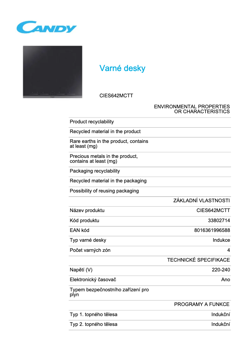Page 1 de la notice Fiche technique Candy CIES642MCTT