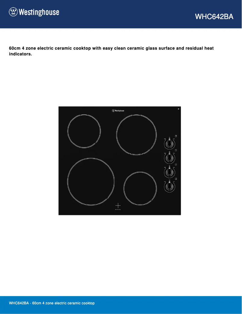 Page 1 de la notice Fiche technique Westinghouse WHC642BA