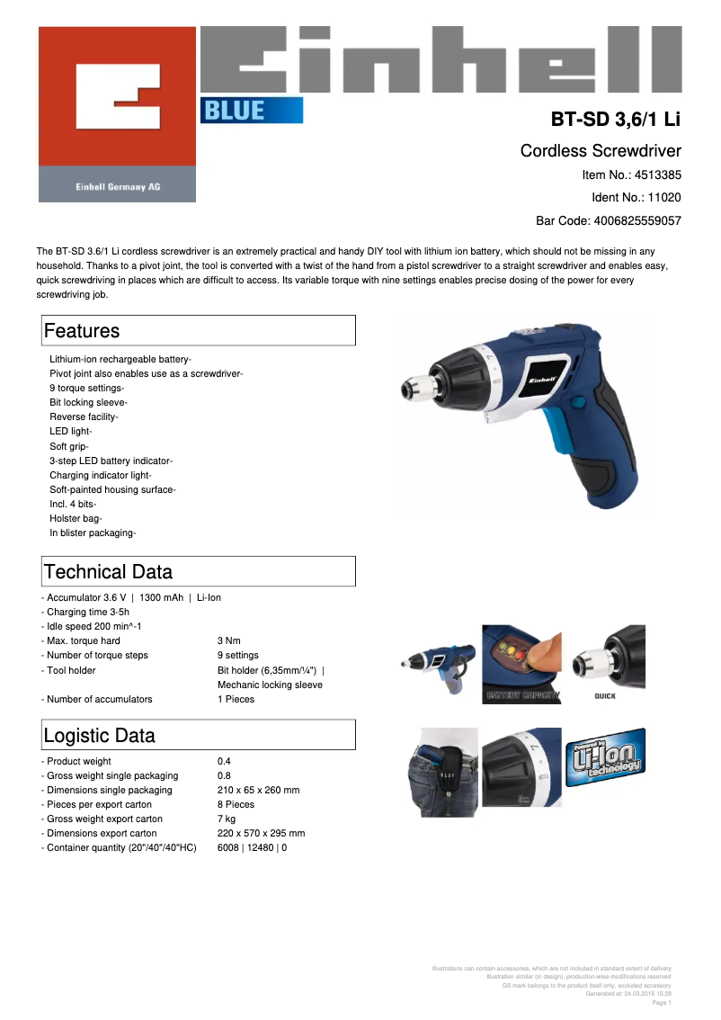Page n°1 - Manuel utilisateur Einhell BT-SD 3,6/1 Li