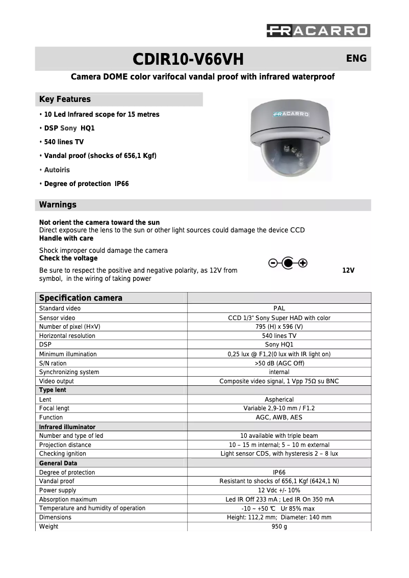 Page 1 de la notice Manuel utilisateur Fracarro CDIR10-V66VH