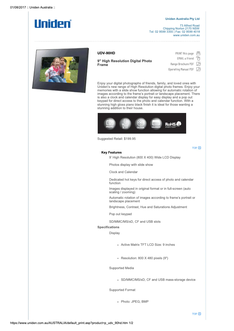 Page 1 de la notice Manuel utilisateur Uniden UDV-90HD