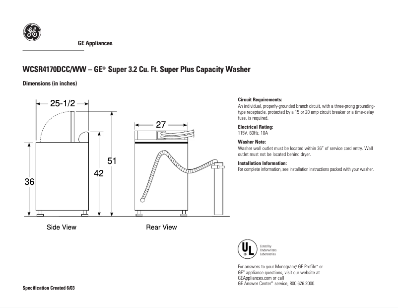 Page n°1 - Fiche technique GE WCSR4170DWW