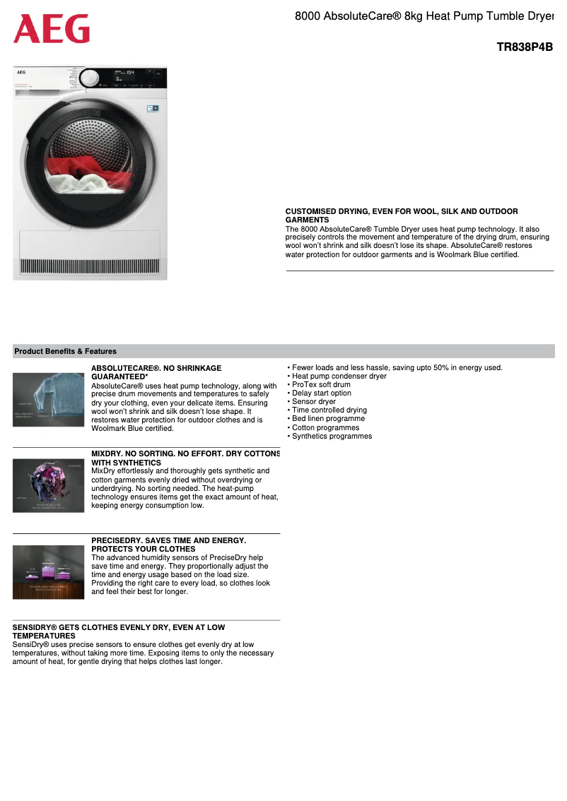 Page 1 de la notice Fiche technique AEG TR838P4B