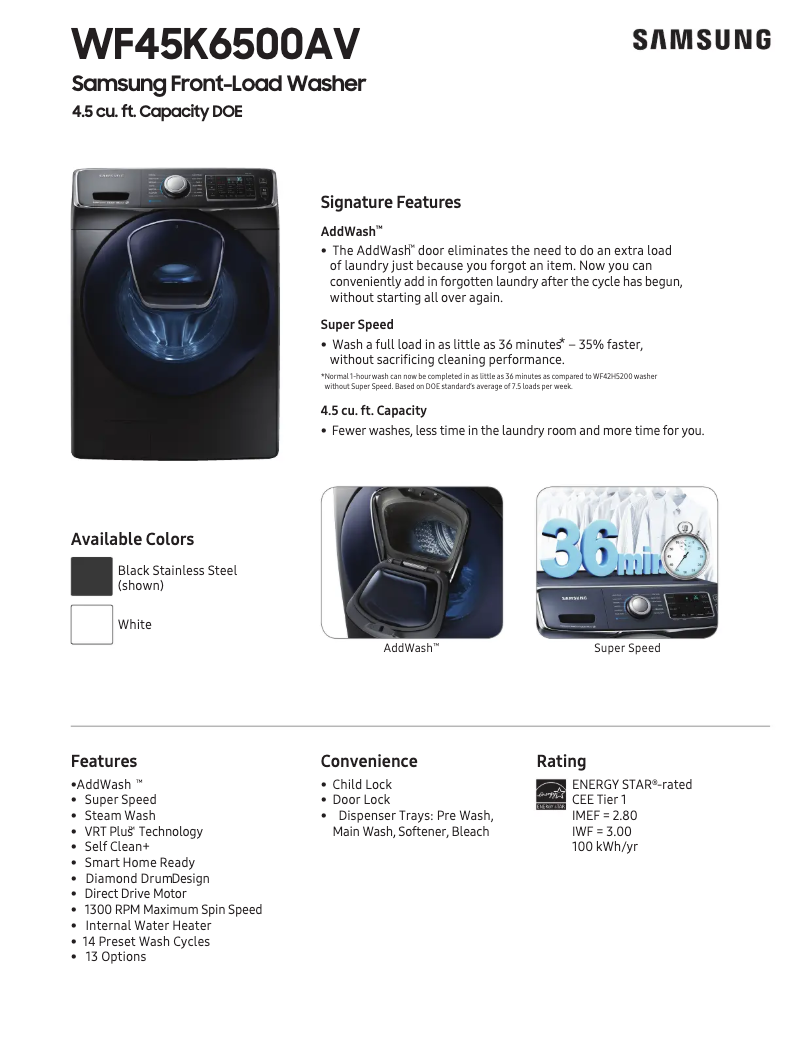 Page 1 de la notice Fiche technique Samsung WF6500