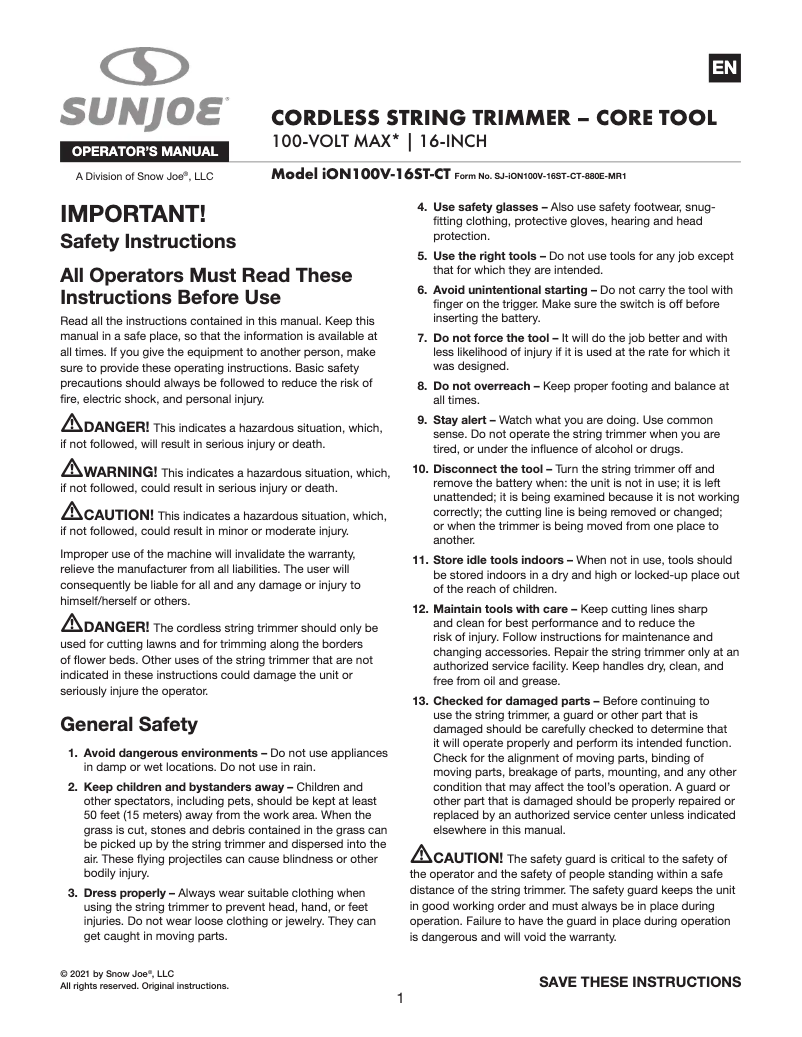 Page 1 de la notice Manuel utilisateur Sun Joe ION100V-16ST-CT