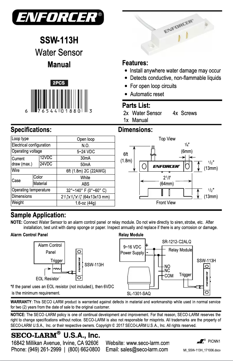 Page 1 de la notice Manuel utilisateur Seco-Larm SSW-113H