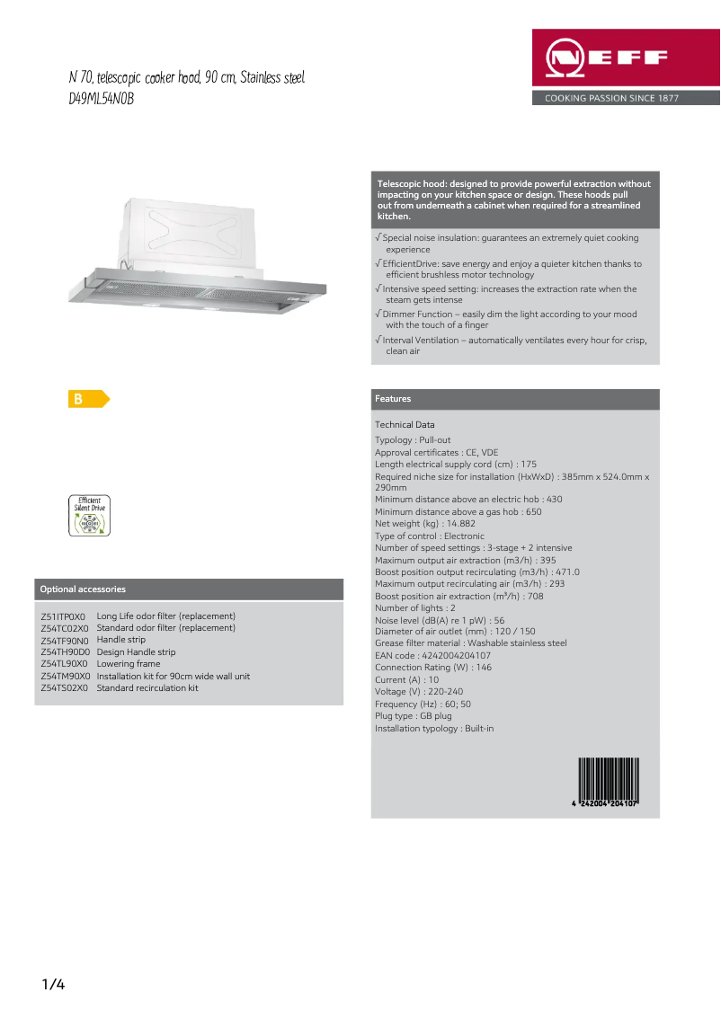 Page 1 de la notice Fiche technique Neff D49ML54N0B