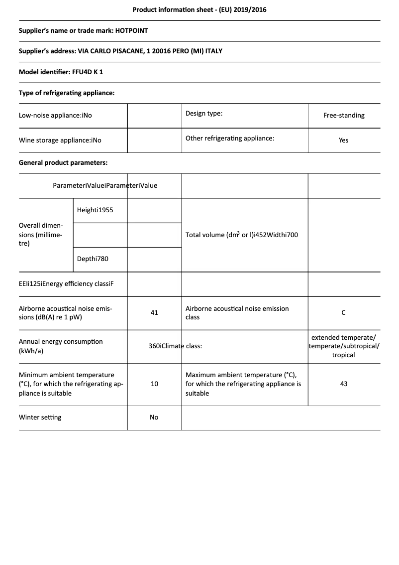 Page n°1 - Fiche technique Hotpoint FFU4D.1 K