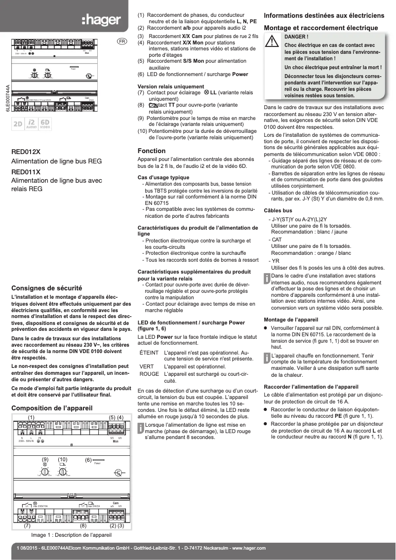 Page 1 de la notice Instructions / montage Hager RED012X