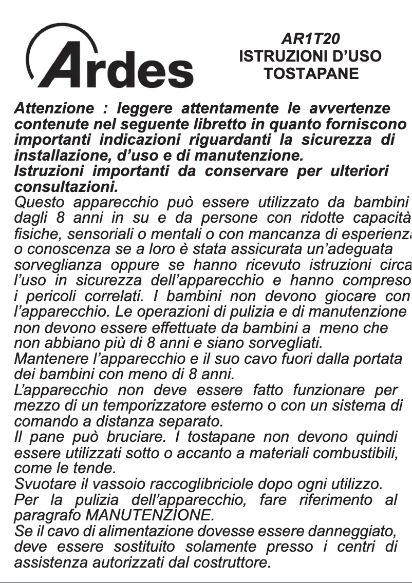 Page n°1 - Manuel utilisateur Ardes AR1T20