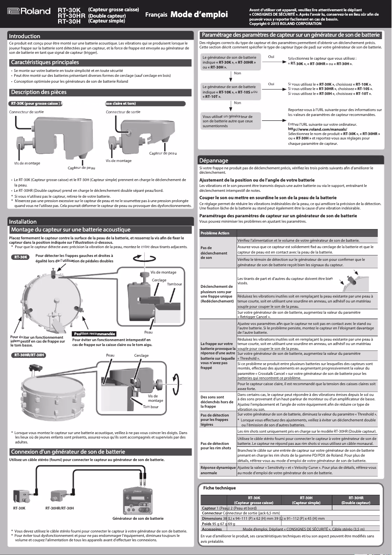 Page 1 de la notice Manuel utilisateur Roland RT-30H
