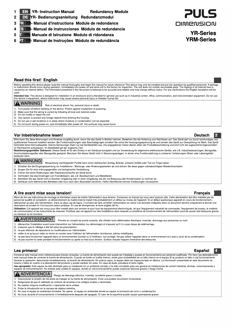 Page n°1 - Manuel utilisateur Puls Dimension YR40.245