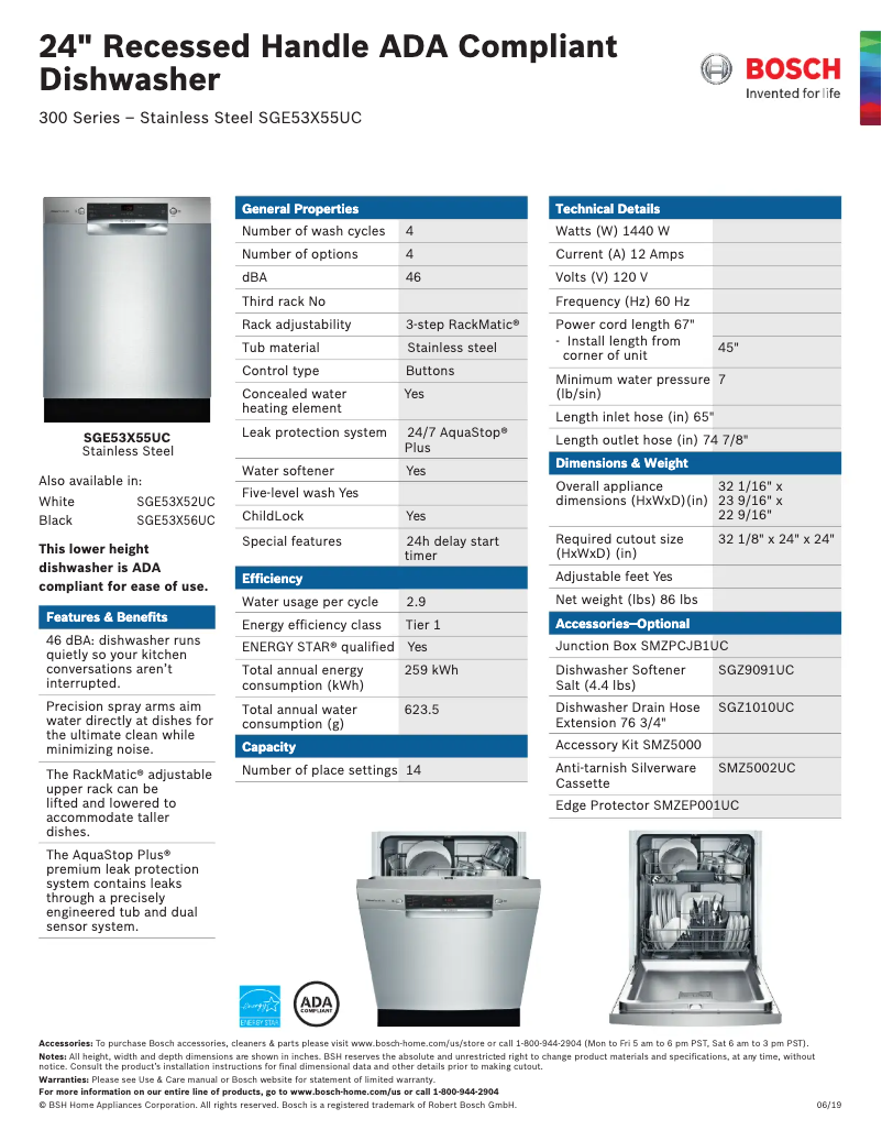 Page n°1 - Fiche technique Bosch SGE53X55UC