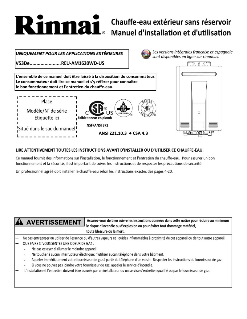Page 1 de la notice Guide d'installation Rinnai V53DeP