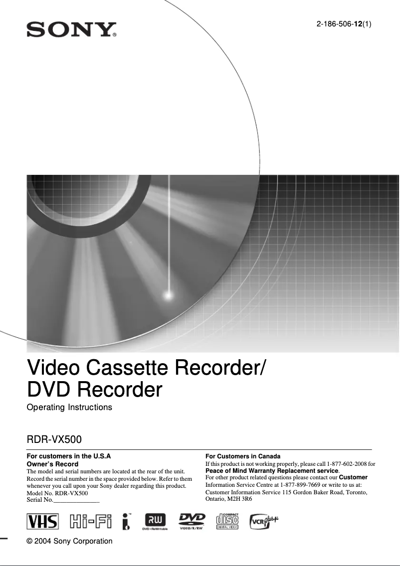 Page 1 de la notice Manuel utilisateur Sony RDR-VX500