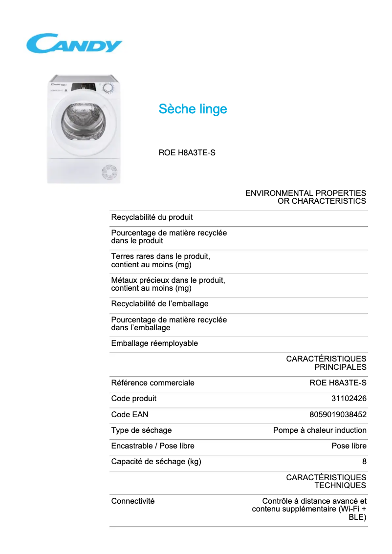 Image de la première page du manuel de l'appareil ROE H8A3TE-S
