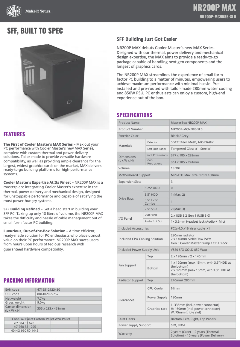 Page 1 de la notice Fiche technique Cooler Master NR200P MAX