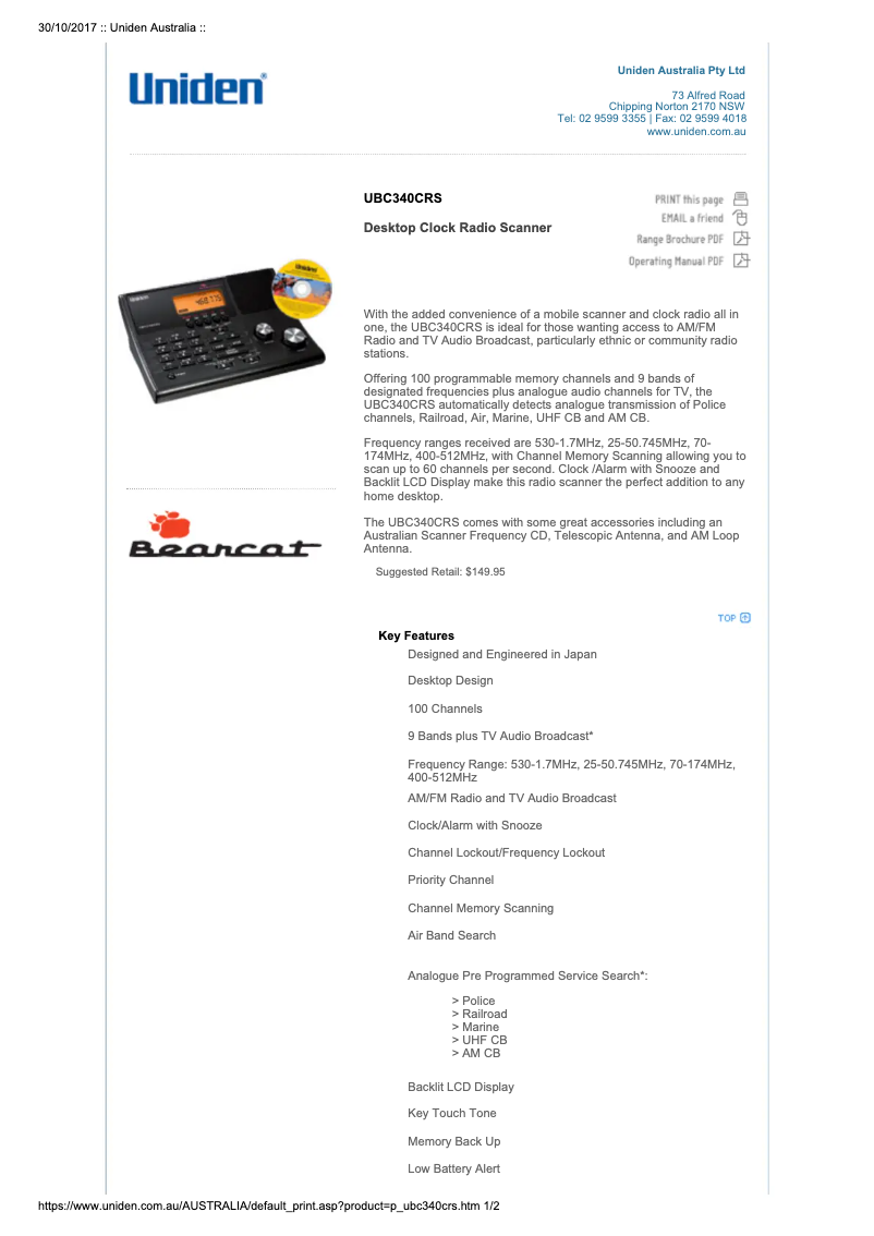 Page 1 de la notice Manuel utilisateur Uniden UBC340CRS