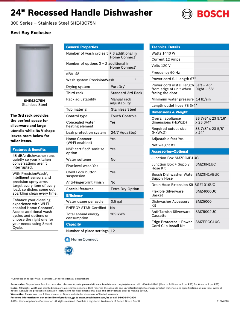 Page n°1 - Fiche technique Bosch SHE43C75N