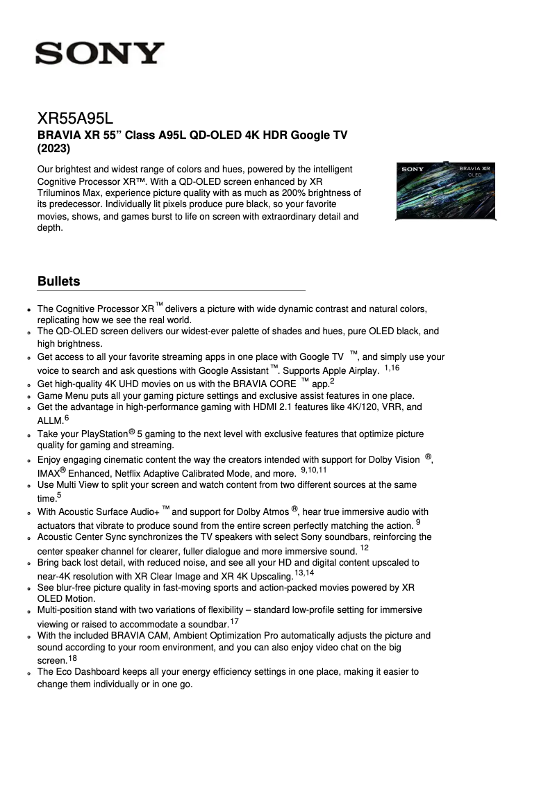 Page 1 de la notice Fiche technique Sony XR-55A95L