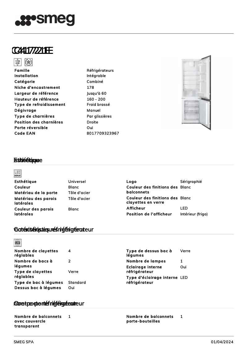 Page 1 de la notice Fiche technique Smeg C41721E