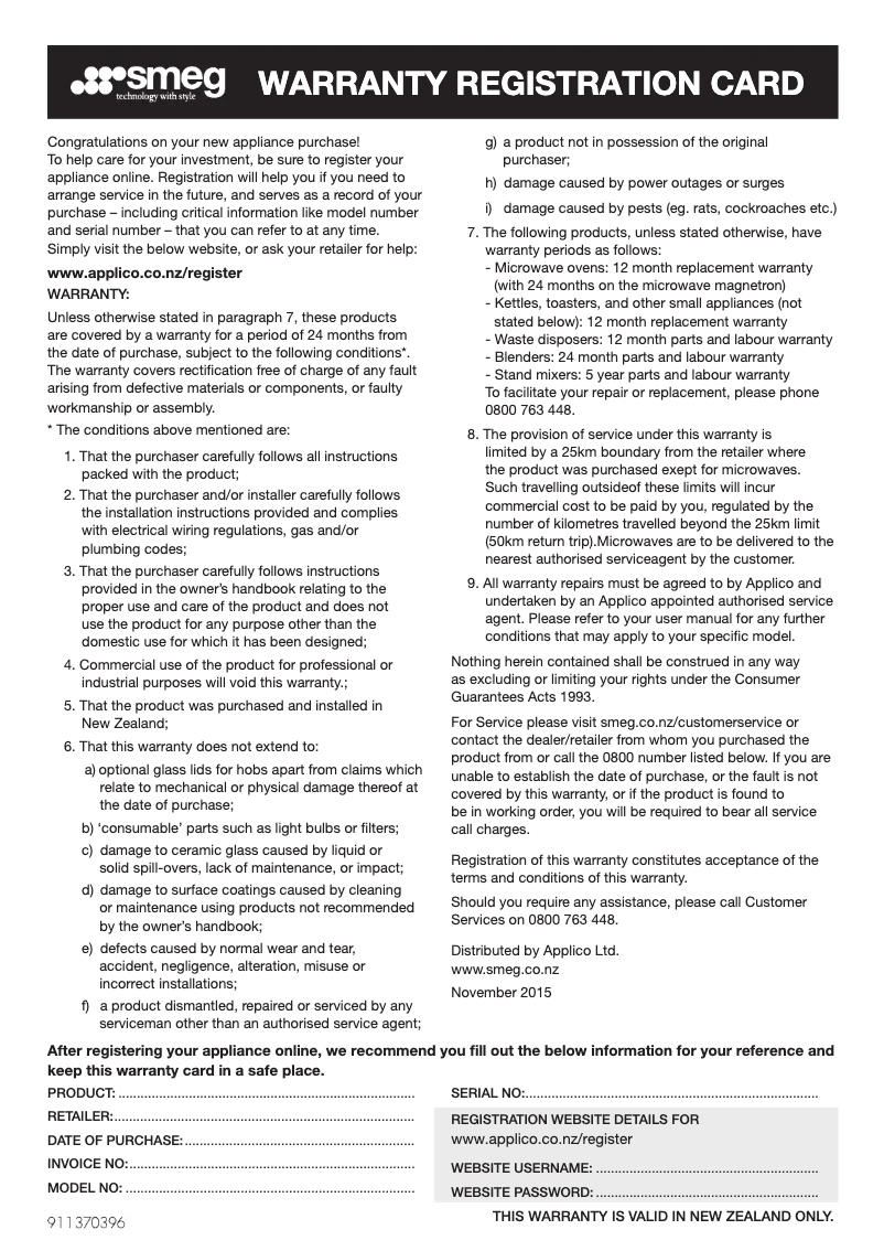 Page n°1 - Informations de garantie Smeg SOPA6102TS