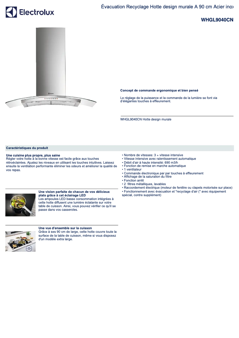 Page 1 de la notice Fiche technique Electrolux WHGL9040CN