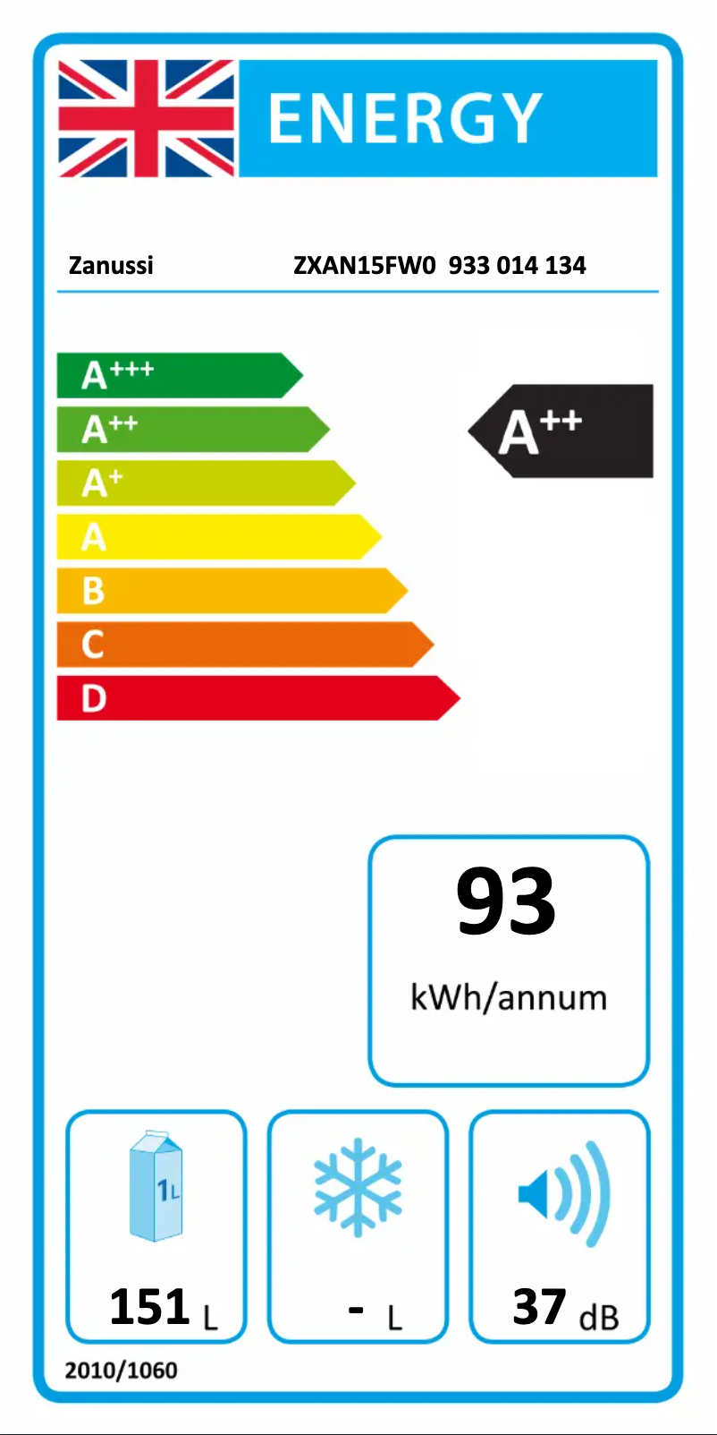 Page 1 de la notice Label énergétique Zanussi ZXAN15FW0