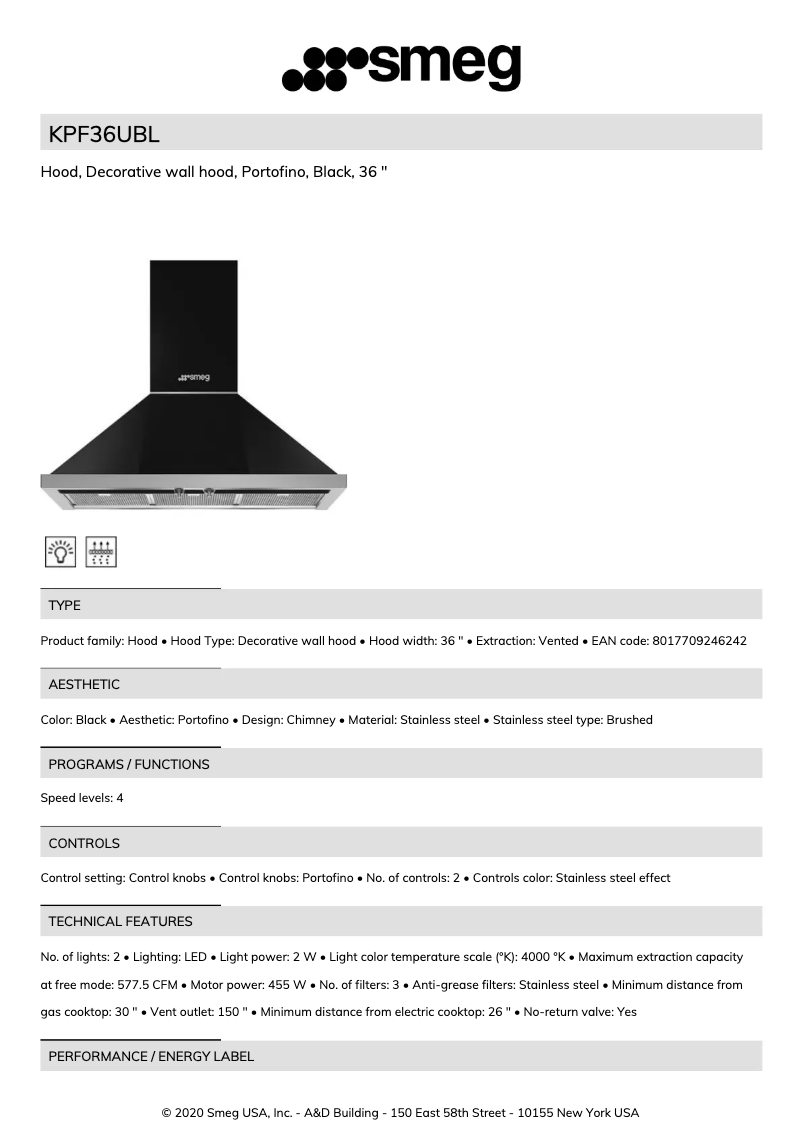 Page 1 de la notice Fiche technique Smeg KPF36UBL