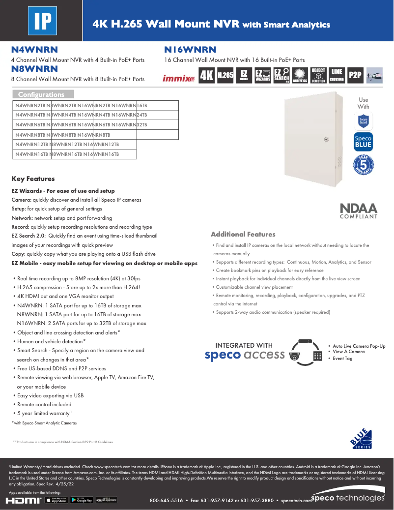 Page 1 de la notice Fiche technique Speco Technologies N4WNRN