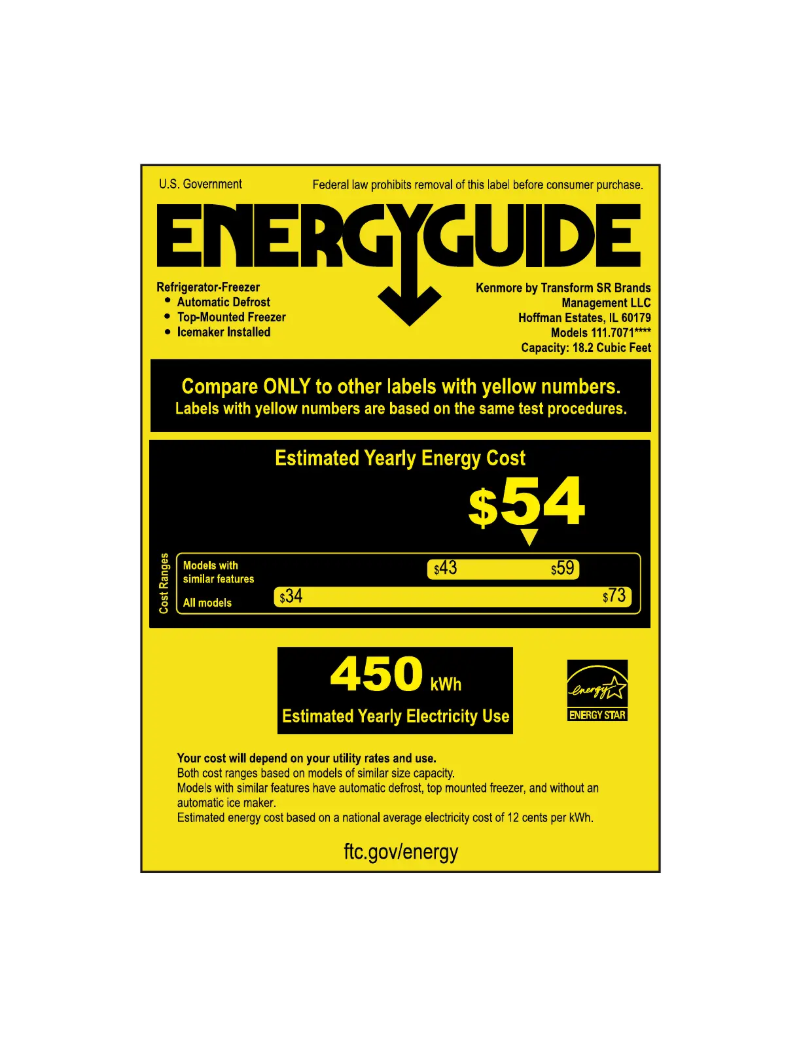 Page 1 de la notice Label énergétique Kenmore 70712