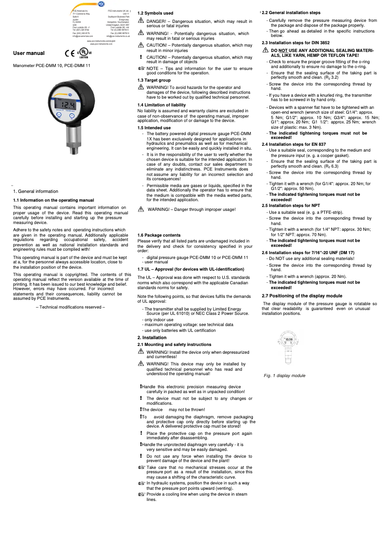 Page n°1 - Manuel utilisateur PCE Instruments PCE-DMM 11